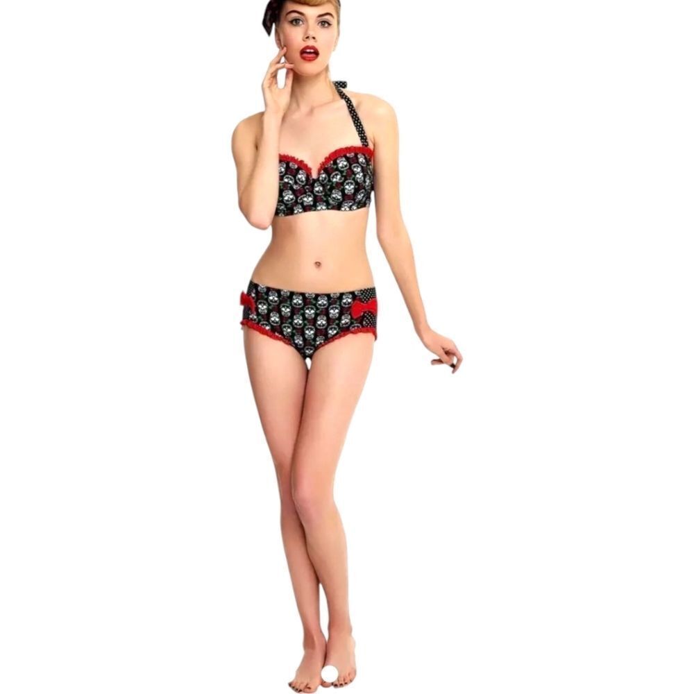 RETRO CHIC HOT TOPIC Size M Poka-Dot Sugar Skull Rose Print 2 Piece Bikini Set